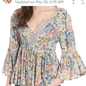 RAGA Womens Floral Crochet V-Neck Bell‎ Sleeve Peplum Top Blue Pink R2797 Size M